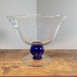 Hand Blown Clear and Blue Glass Footed Pedestal Bowl