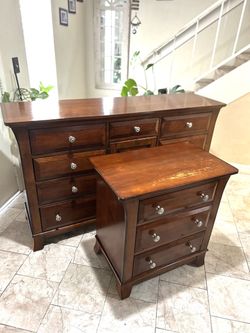 Sold wood dresser64” x18”x 38” height and night stand some scratches on only  night stand
