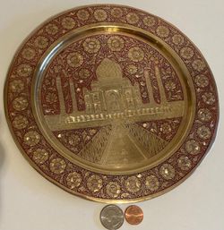Vintage Metal Brass Plate with Red Enamel Inlays, Intricate Design, Palace, 9 1/2" Wide, Wall Decor, Table Display, Shelf Display, This Can Be Shined