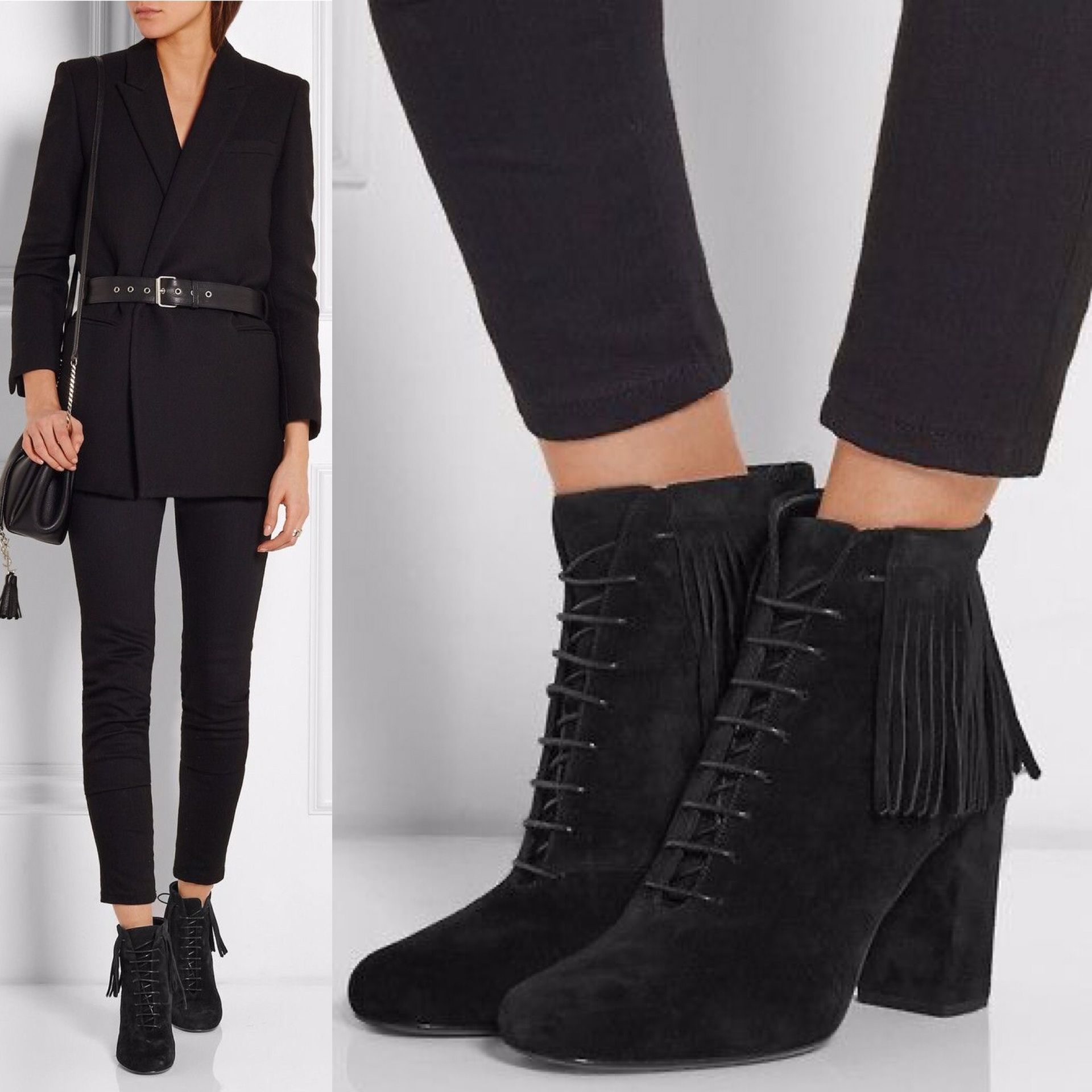 Saint Laurent 'Babies' Fringed black suede lace-up ankle boot size 40
