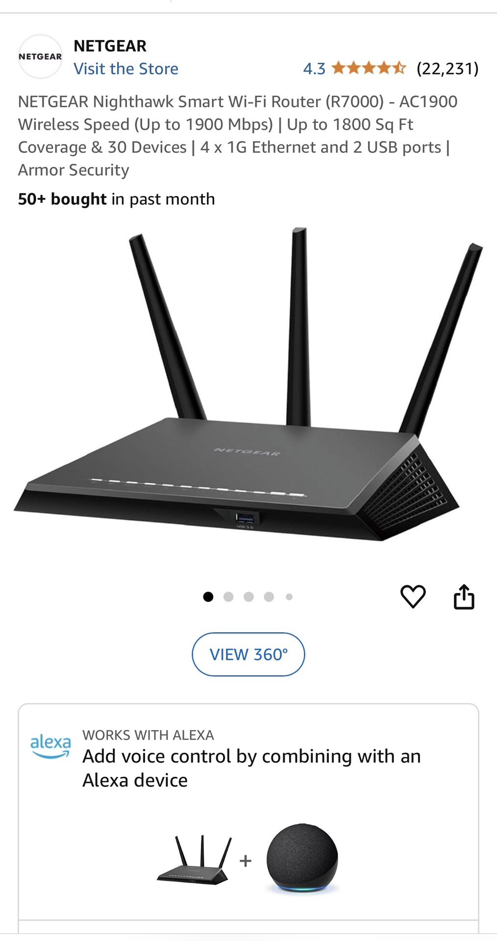 NETGEAR Nighthawk Smart Wi-Fi Router (R7000) - AC1900