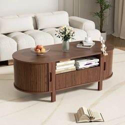 Mid-Century Modern Coffee Table with Tambour Sliding Doors & Hidden Storage
