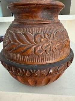 Hand-Carved Wooden Olympic vase 1980