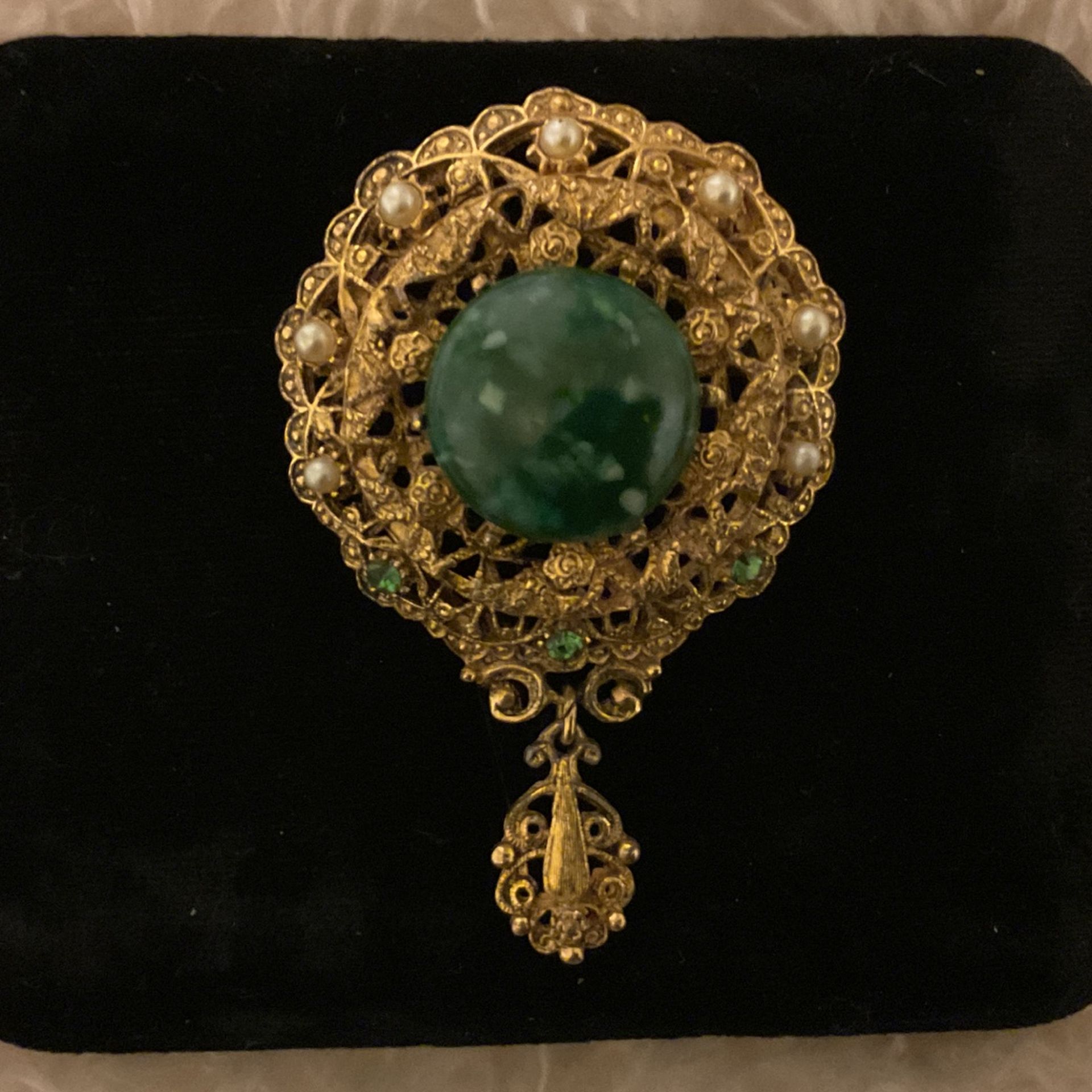 Vintage Goldtone Solid Brooch With Green Rhinestones,pearls,and Dark Green Gem Stone..dangle