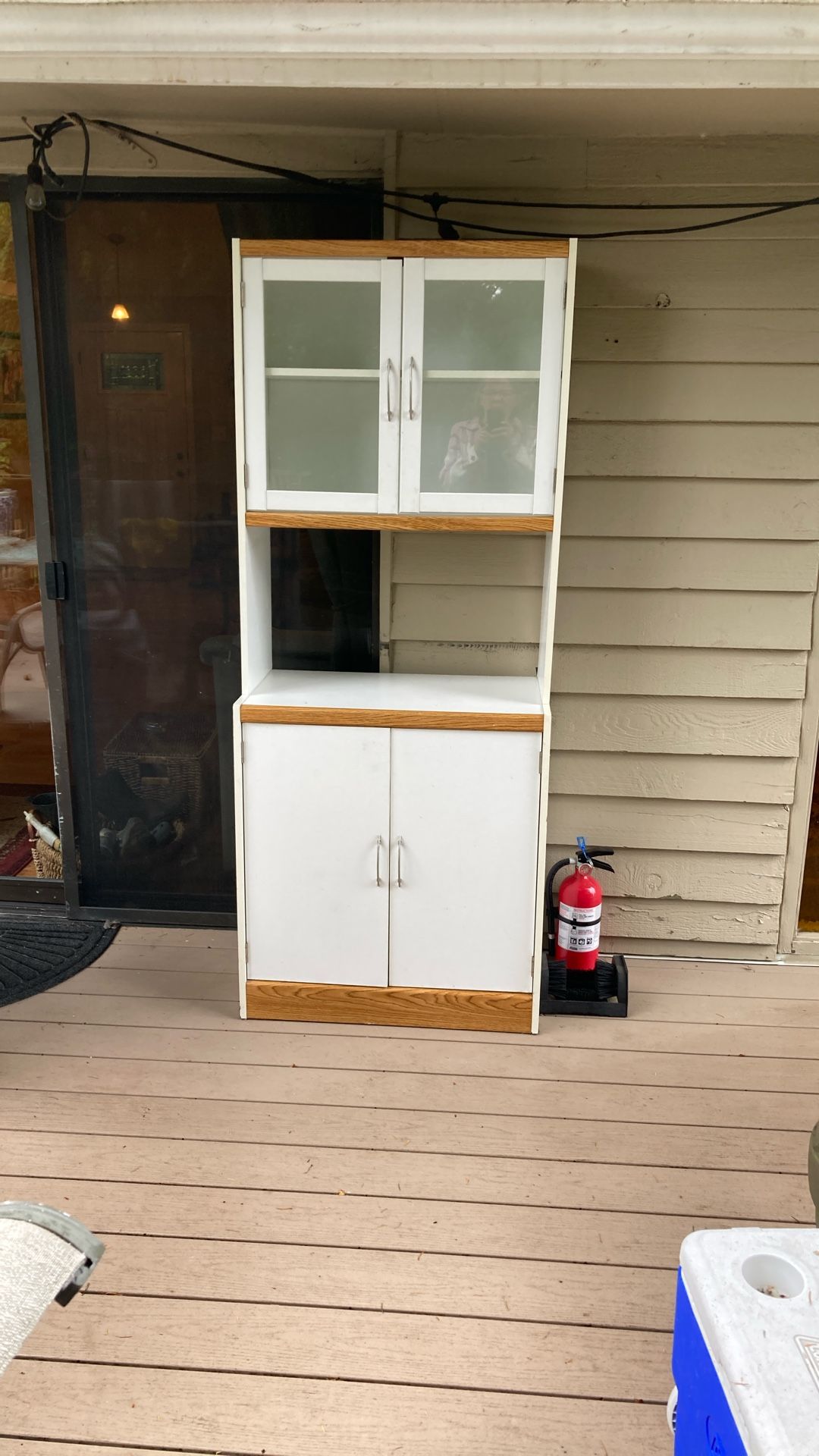 White Microwave Cabinet With Oak Accent Trim