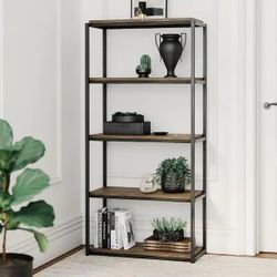 Oscar 59 in. Nutmeg/Black Wood and Metal 5-Shelf Modern Etagere Bookcase with Storage Shelves