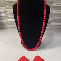 Monet Red Bead Necklace 24 1/2” With Matching Red Clam Earrings (READ DES.)