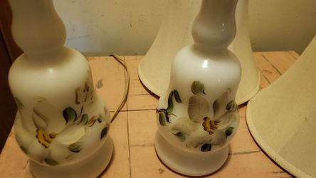 Vintage milk glass floral table lamps set