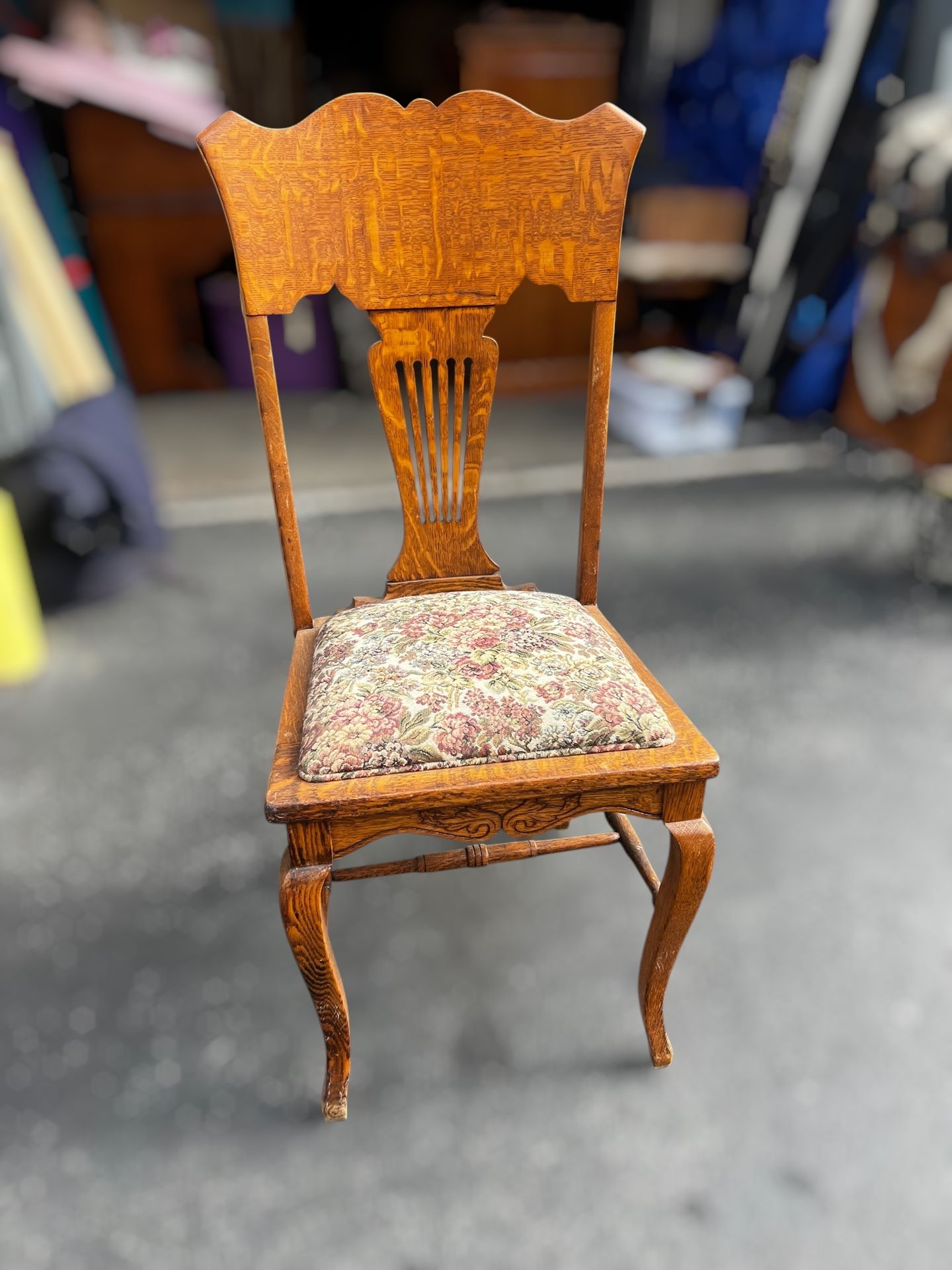 Antique Tiger Oak Chair with Floral Upholstery