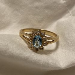 Costume Yellow Gold Blue Topaz/ Diamond Size 8 Ring