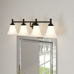 Crawley 4-Light Oil-Rubbed Bronze Vanity Light with White Glass Shades by  Hampton Bay