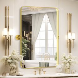 Adjustable Bathroom Mirrors Vanity Mirror - 22"x30" Gold Stainless Steel Rectangular Matte Rounded Rectangle Mirror with Brushed Rimmed Decorative Far