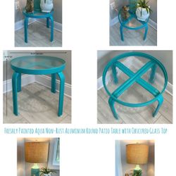 Freshly Painted Aqua Non-Rust Aluminum Round Patio Table with Obscured Glass Top