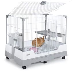 Deluxe Rabbit Cage, 32" × 21" × 26" Large Space Bunny Cage Foldable Small Animal Cage with Pull Out Tray and Caster Platform, Professional Household A