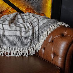 Luxury Fringe Throw Blanket Decorative Lightweight 100% Cotton |40”x71”| for Chair Couch, Boho Farmhouse Rustic Decor Turkish Towel + Evil Eye Beach B