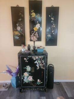 Black Lacquer Asian Floral Cabinet with 3 pictures
