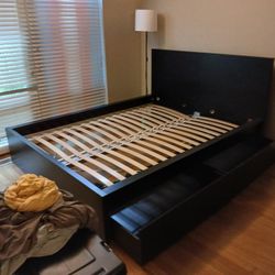 Queen-sized IKEA Malm Bedframe with under-bed storage boxes