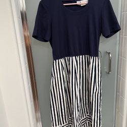 Blue Vertical Stripe Knee Length Dress