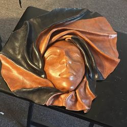 Vtg Retro Leather Molded Sculptured Mask Carved Woman's Face Wall Art MCM