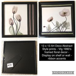 2 Floral Prints W/ Ribbon Accents Black Frames