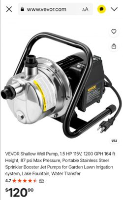 VEVOR Shallow Well Pump, 1.5 HP 115V, 1200 GPH 164 ft Height, 87 psi Max Pressure, Portable Stainless Steel Sprinkler Booster Jet Pumps for Garden Law
