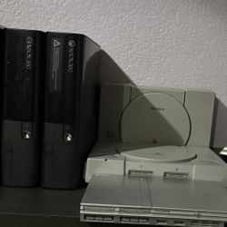 4 xbox 360s,  a silver ps2 slim, 2 ps1’s, a wii, and ds 