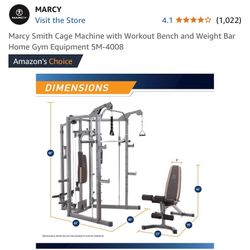 Marcy Smith Cage Machine with Workout Bench and Weight Bar Home Gym Equipment SM-4008