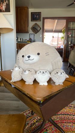Squashmallow Style Stuffed Animal Seal Mama and Four Baby Pups