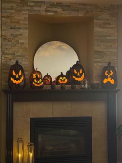 Halloween Black Painted Jack-O-Lantern Pumpkins Decoration Set of 5 Lighted Auto On/Off