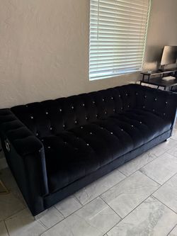 Black Velvet Tufted Sofa with Crystal Buttons