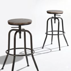 Homy Casa Anacletus Walnut 2PC Industrial Adjustable Bar Stools with Swivel Screw Lift Solid Wood Seat 27“ to 30” Height