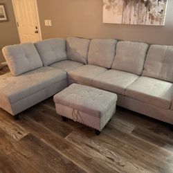 Gray Linen Sectional Couch And Ottoman