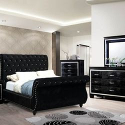 🔥 Brand New Glam Black Velvet 5pc King Size Bedroom Set 🔥
