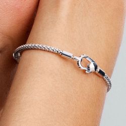 925 Sterling Silver Studded Clasp & Chain Charm Bracelet - 19cm