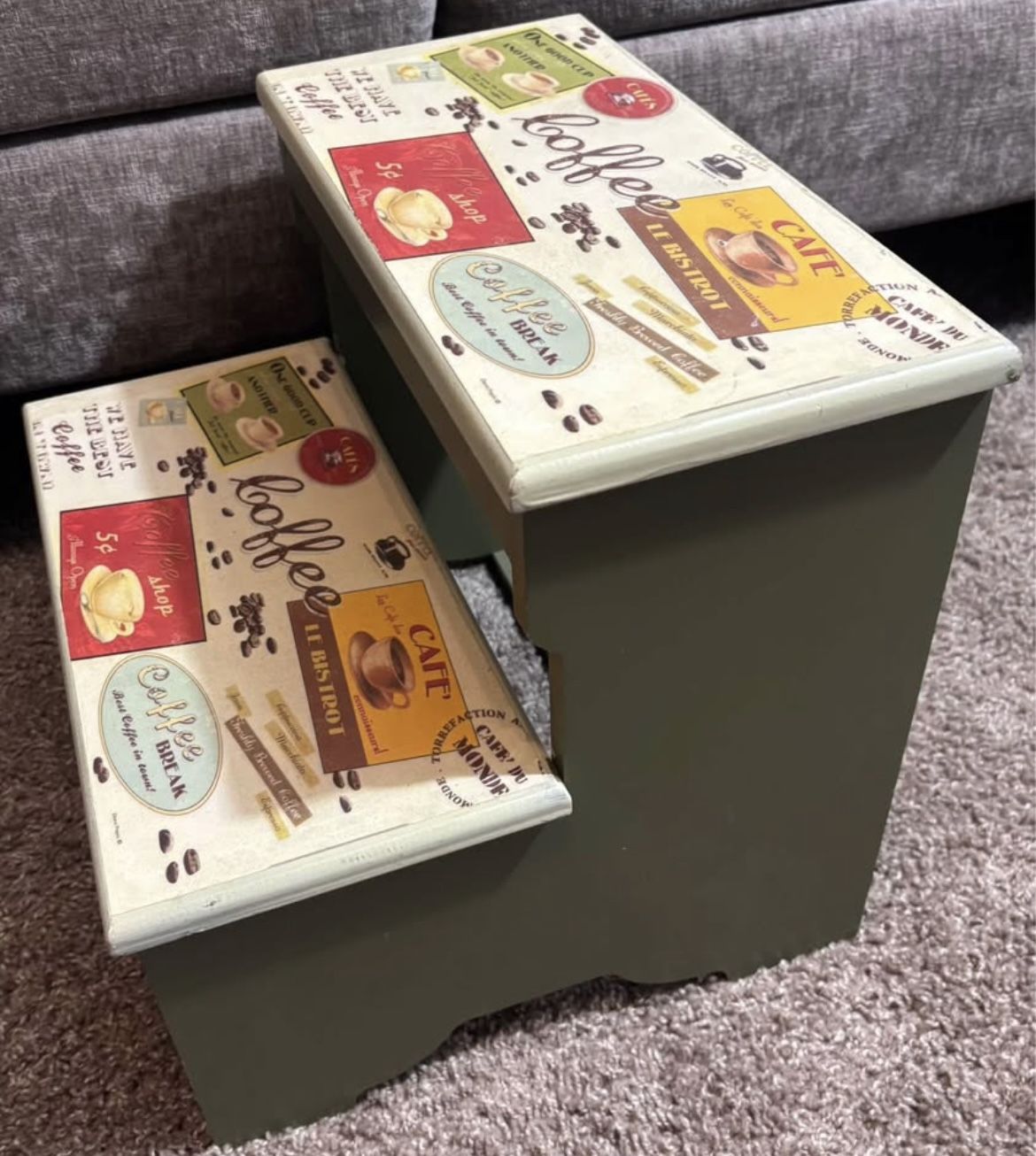 Cute Unique Vintage Retro Style Coffee Theme Green Painted Wood Art Decorative Step Stool Home Decor