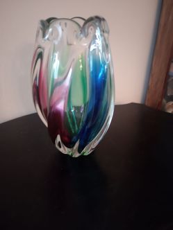 Thick heavy chunky glass vase red green pink rainbow multicolored art Sanyu Kurata Japanese Japan spiral ribbon MCM handblown