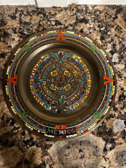 Vintage Mexican Brass Aztec Calendar Enamel Hanging Plate - 8”