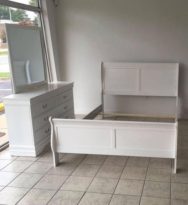 Brand New/ White Sleigh Bedroom Set/ Dresser, Mirror, Bed, Nightstand/ Mattress Sold Separately