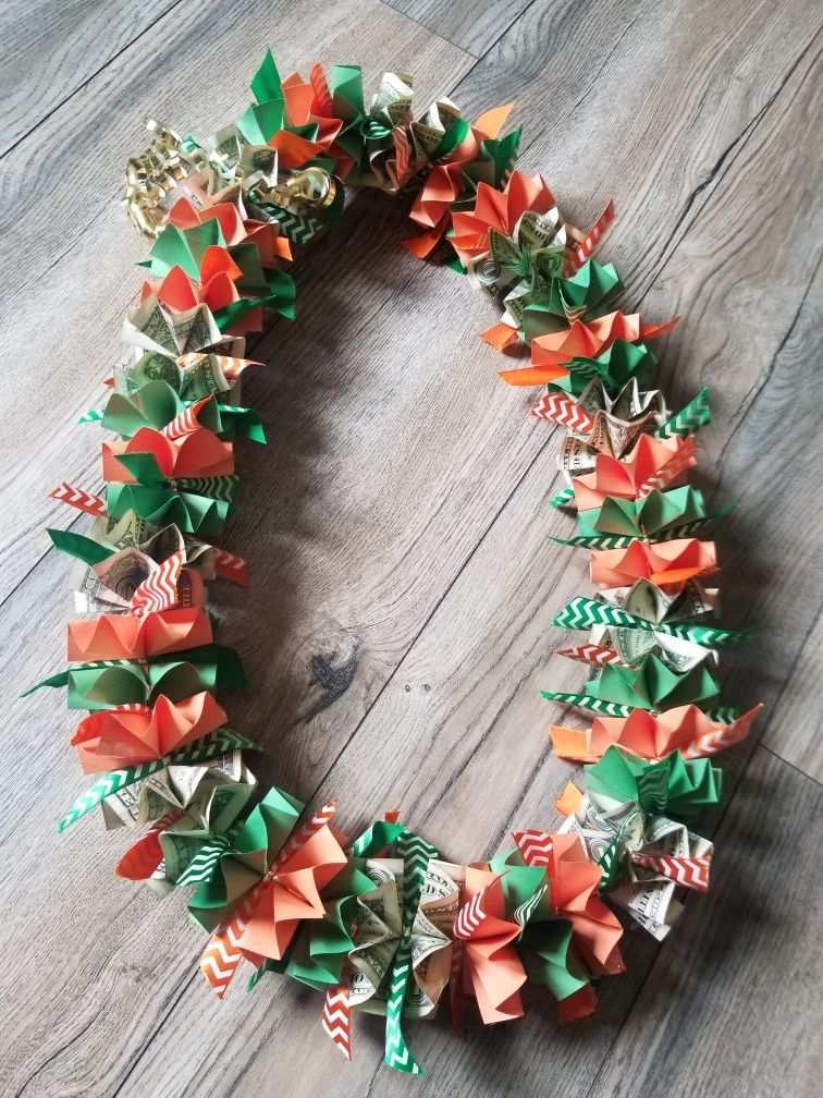 Money lei with ribbon and paper for graduation, weddings, birthdays **cash included**
