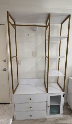 White & gold wardrobe organizer with drawers, shelves & cabinet
