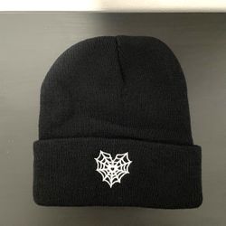 Spider Web Heart Beanie NEW Black Hat Horror Halloween Cuffed Knit Gothic