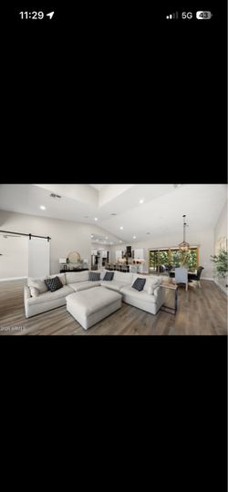 Oversized Cream/White Linen-Style Sectional + Huge Ottoman | Washable Covers