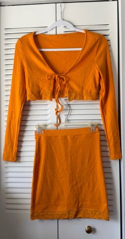 Orange Ribbed Crop Top and Skirt Set