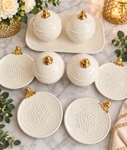 Ceramic Snowflake Ornament Dish and Canister Set