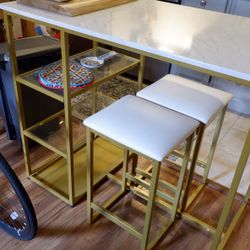 3 Piece Pub Set with Faux Marble Countertop And Bar Stools  