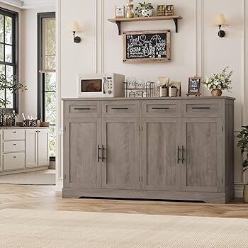 🔥 60" Large Buffet Sideboard with Storage, 36" Tall Kitchen Buffet Storage Cabinet with 4 Drawer, Modern Coffee Bar Cabinet with Black Handle, Long S