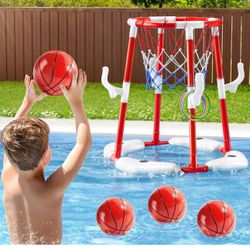 Swimming Pool Basketball Hoop Toy for Kids 2 3 4 5 6 Years Old - Floating Pool Basketball Game Toys with 4 Balls Air-Pump, Outdoor Play, Poolside Summ