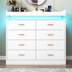 8 Drawer Dresser with LED Light and Charging Station, Modern Chest of Drawers for Closet, Wide Drawer Organizer Cabinet for Bedroom, Living Room, Entr
