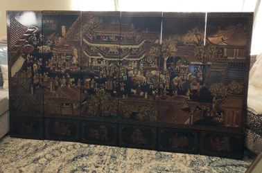 Asian Coromandel Laquer 6 Panel Folding Screen 7.5’ X48”h