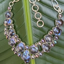 Black Pearl And Silver Overlay Necklace